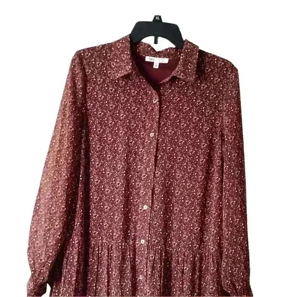 DR2 Collared Long Sleeve Floral  Tiered maxi Shirt Dress Red Wine Sz Medium - Picture 3 of 10